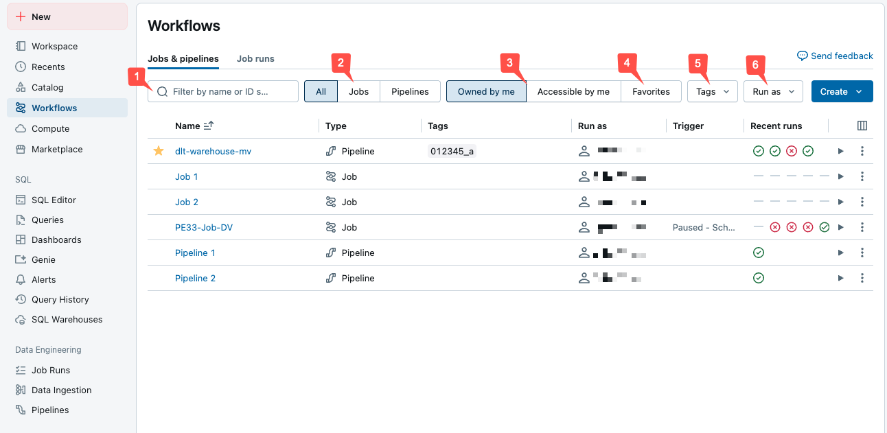 Jobs list view with callouts.