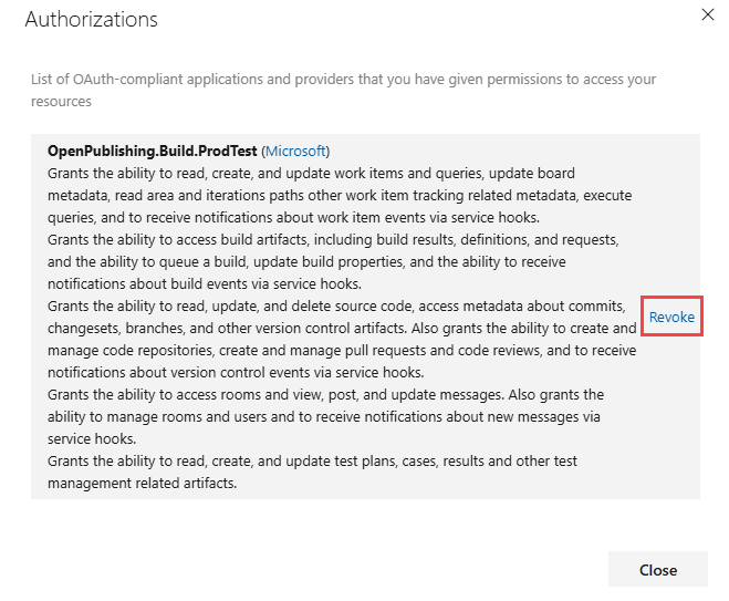 Screenshot showing Revoke option for authorizations.