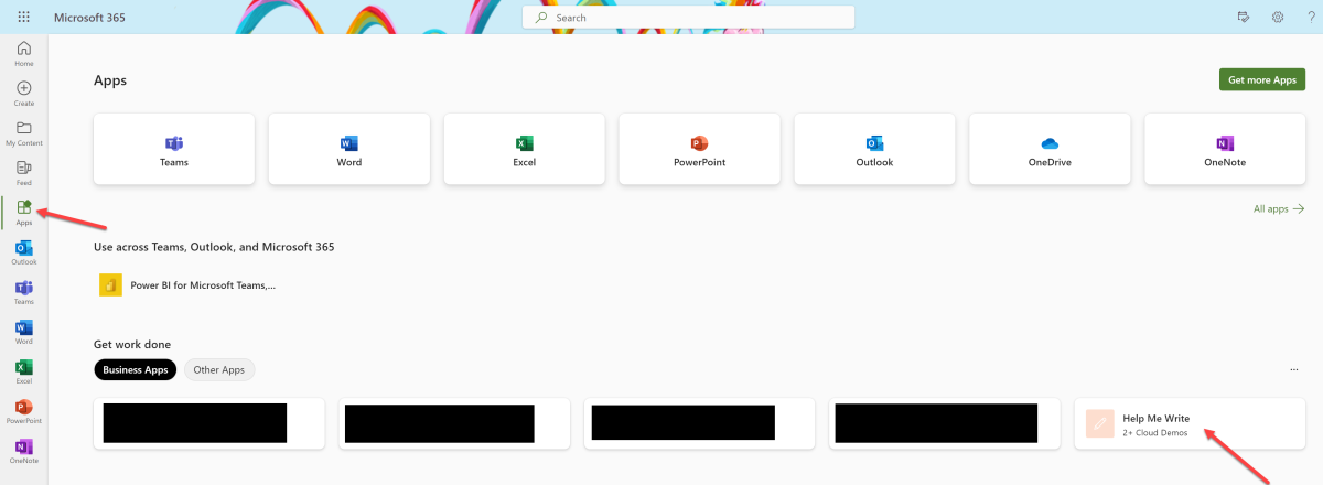 Help Me Write in Apps Section in Microsoft 365 Online