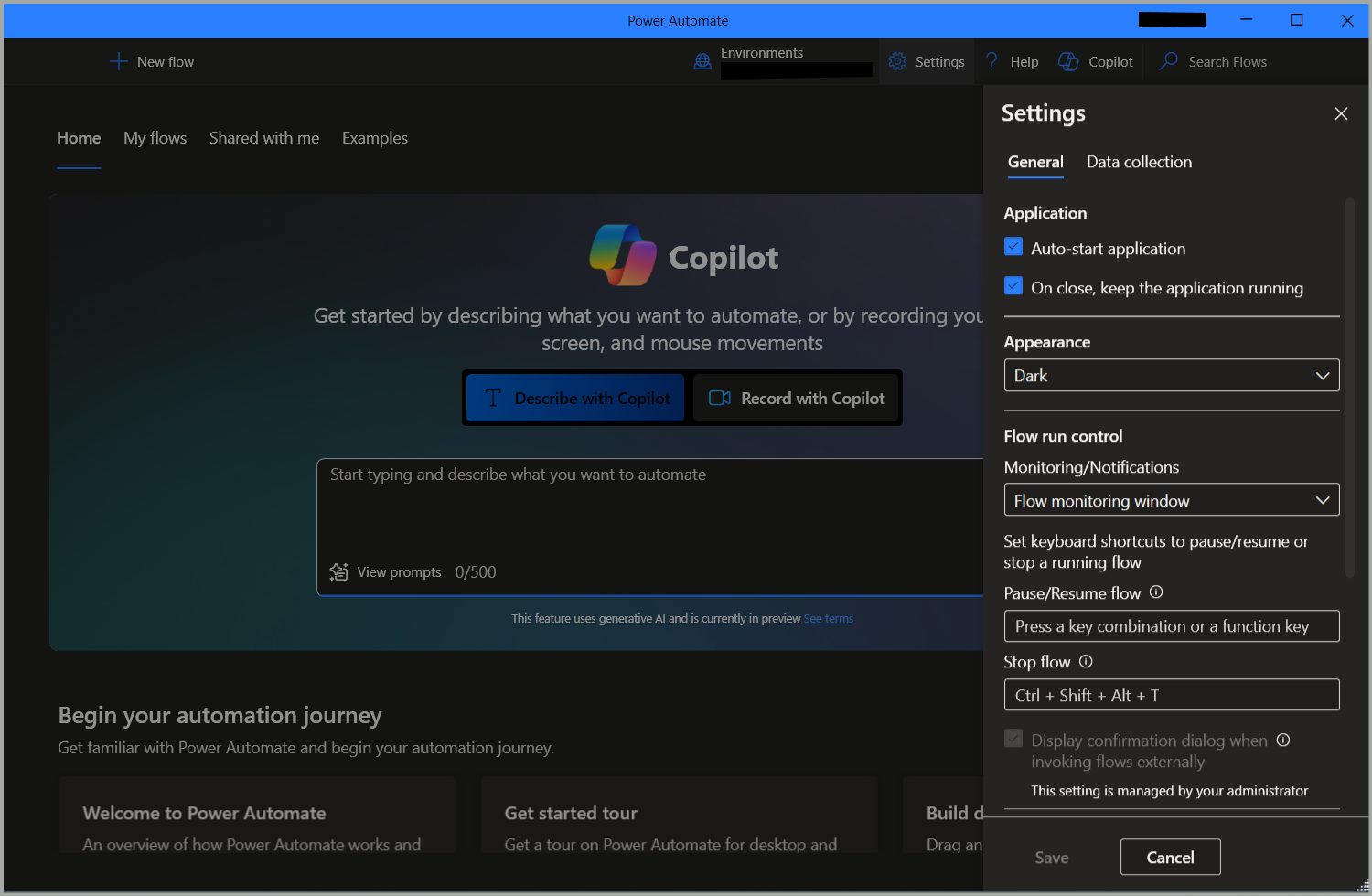 Screenshot of the dark mode experience in Power Automate for desktop.
