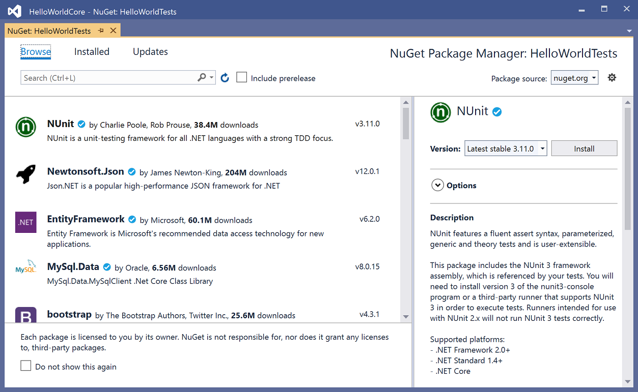 Screenshot of NuGet Package Manager in Visual Studio 2019.