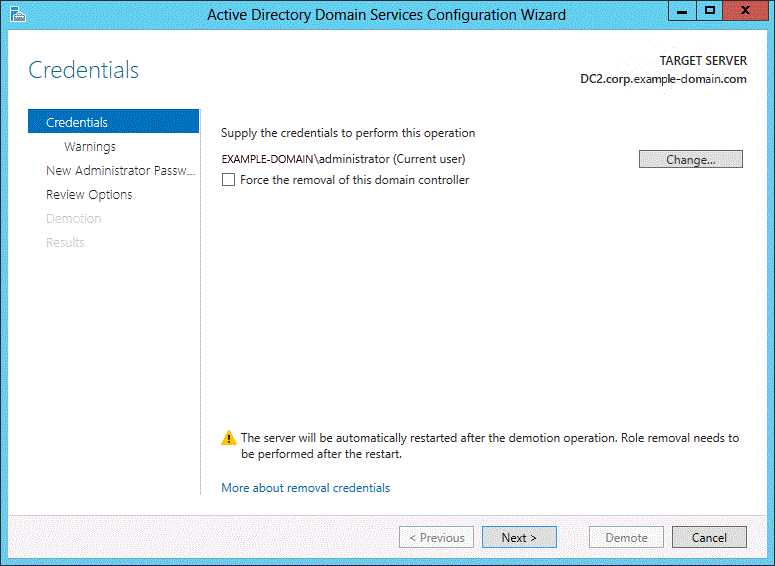 Screenshot of the Credentials page of the wizard, with a button for changing credentials and an option for forcing the removal of a domain controller.