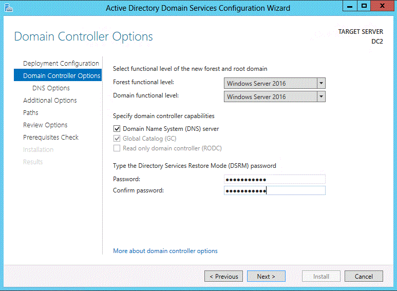 Screenshot of the Domain Controller Options page of the wizard. Forest and domain functional levels, available roles, and password fields are visible.
