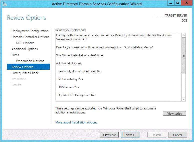 Screenshot of the Review Options page of the wizard. Text summarizes selected options for the server that is becoming a domain controller.