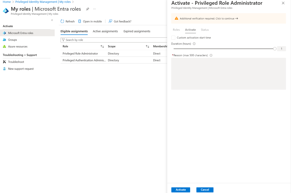 Microsoft Entra ロール - アクティブ化ページに期間とスコープが含まれています