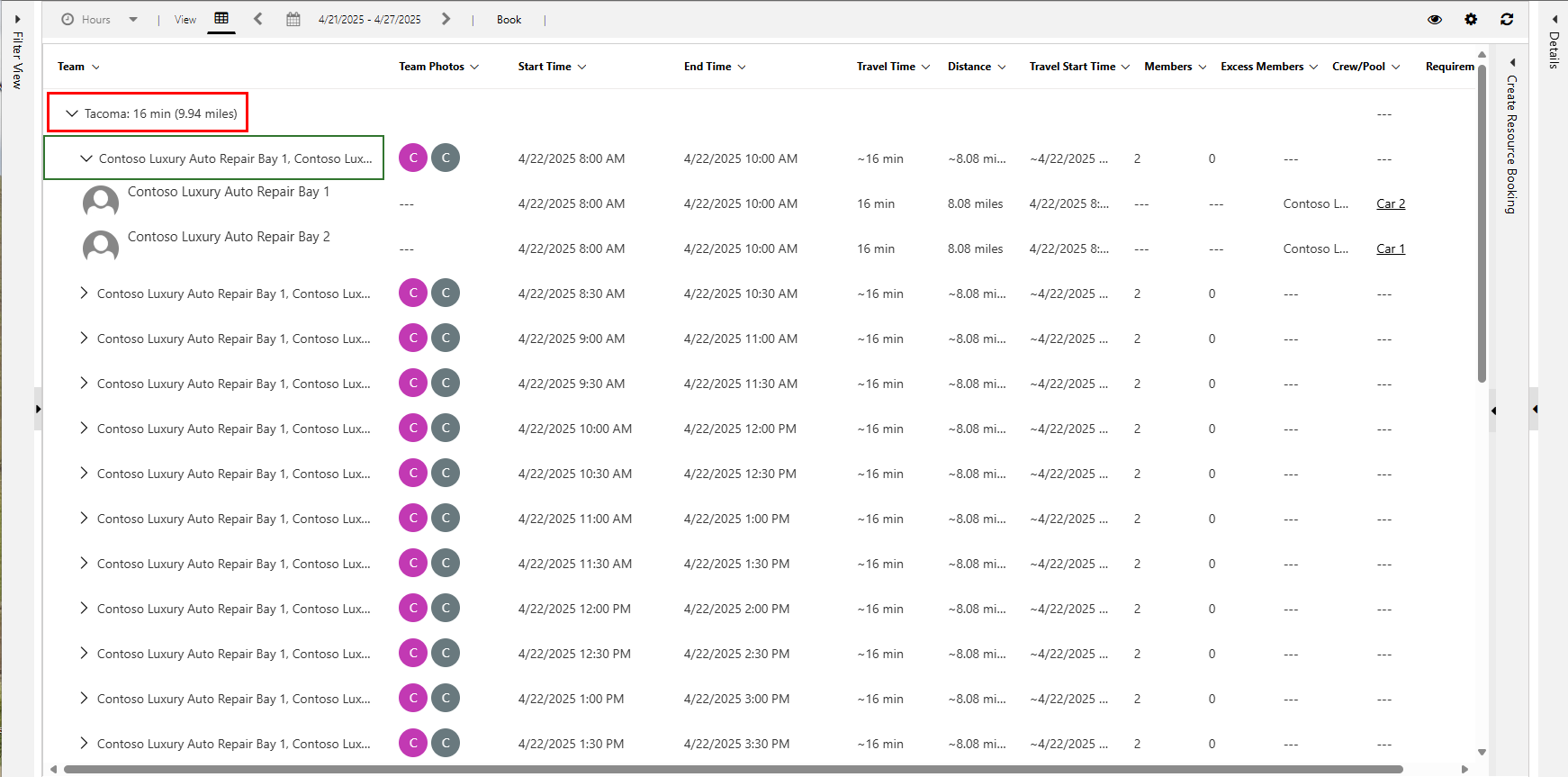 Screenshot of schedule assistant results showing pairs of two bays each at the same location.